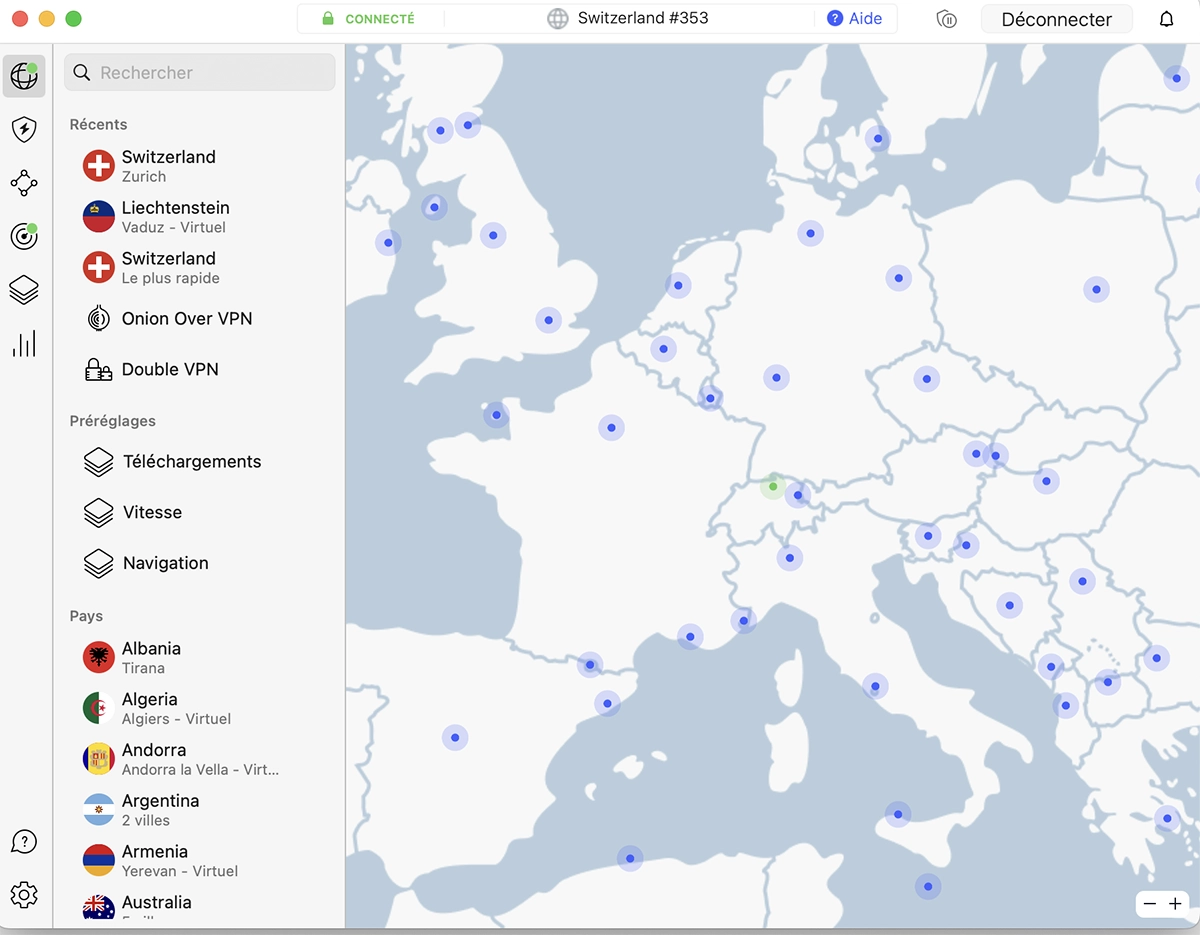 Carte du monde avec les différents serveurs disponibles chez NordVPN